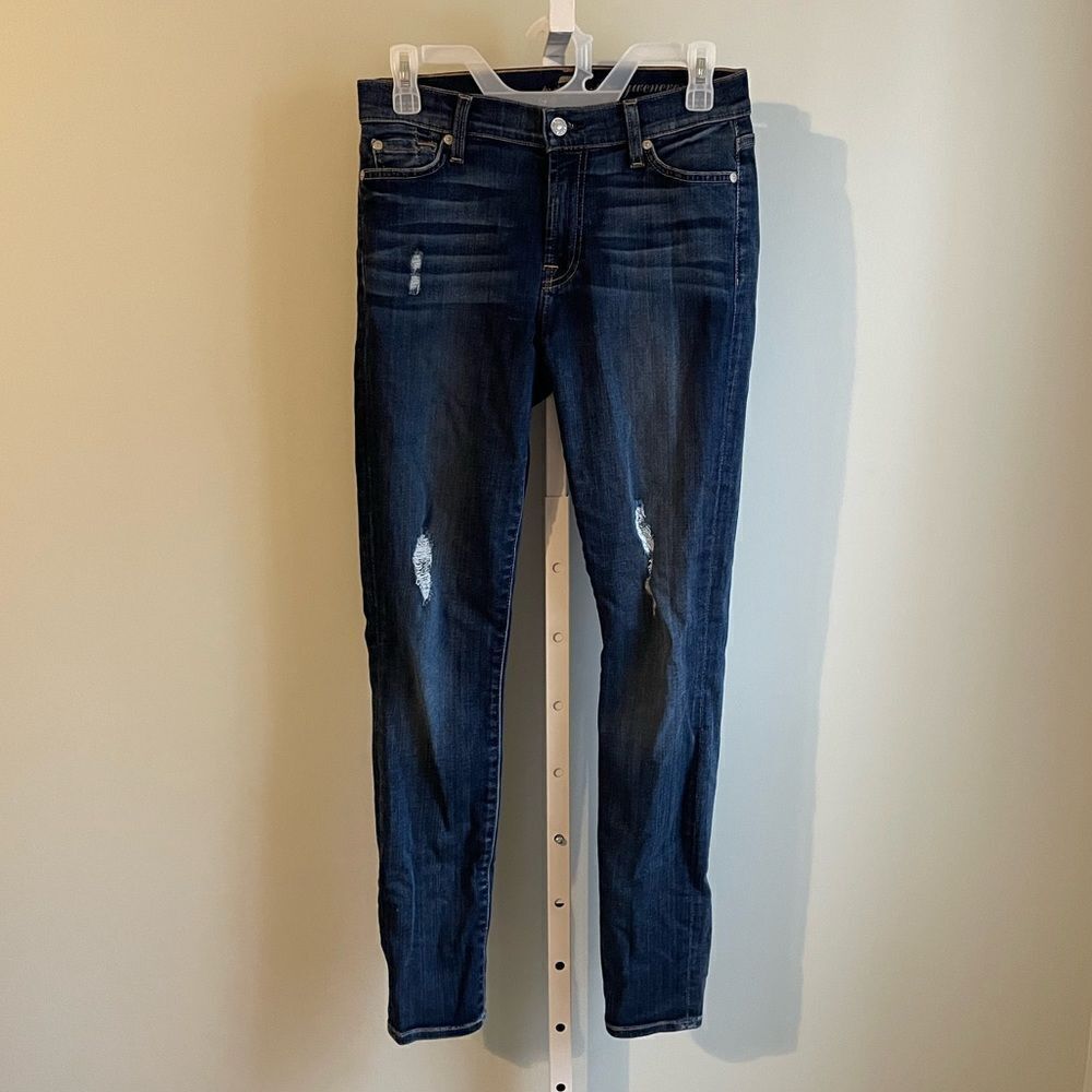 7 For All Mankind Gwenevere Dark Wash Lightly Distressed Ankle Skinny Jeans